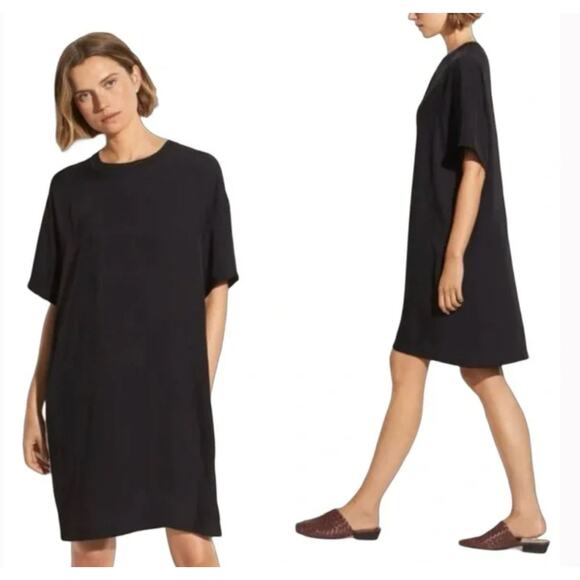 VINCE Black Ribbed Trim Collar Shift Dress Medium T-Shirt Shirt Dress Minimalist - Picture 1 of 8